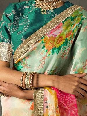 Alluring Cream Floral Orangza Wedding Wear Saree With Blouse 5