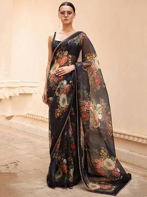 Enthralling Black Floral Orangza Wedding Wear Saree With Blouse 1