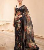 Enthralling Black Floral Orangza Wedding Wear Saree With Blouse