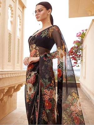 Enthralling Black Floral Orangza Wedding Wear Saree With Blouse 2