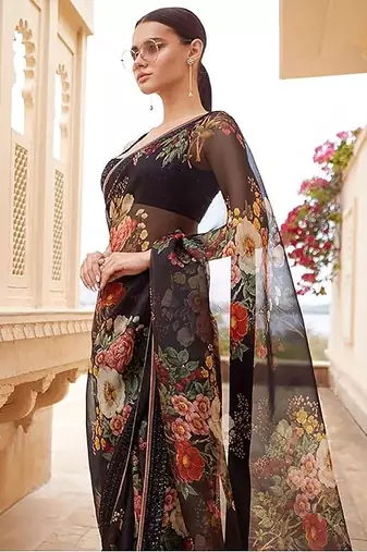 Enthralling Black Floral Orangza Wedding Wear Saree With Blouse