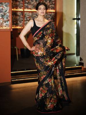 Enthralling Black Floral Orangza Wedding Wear Saree With Blouse 1