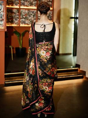Enthralling Black Floral Orangza Wedding Wear Saree With Blouse 4