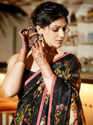 Enthralling Black Floral Orangza Wedding Wear Saree With Blouse 5
