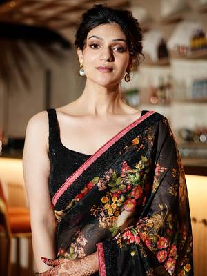 Enthralling Black Floral Orangza Wedding Wear Saree With Blouse 6