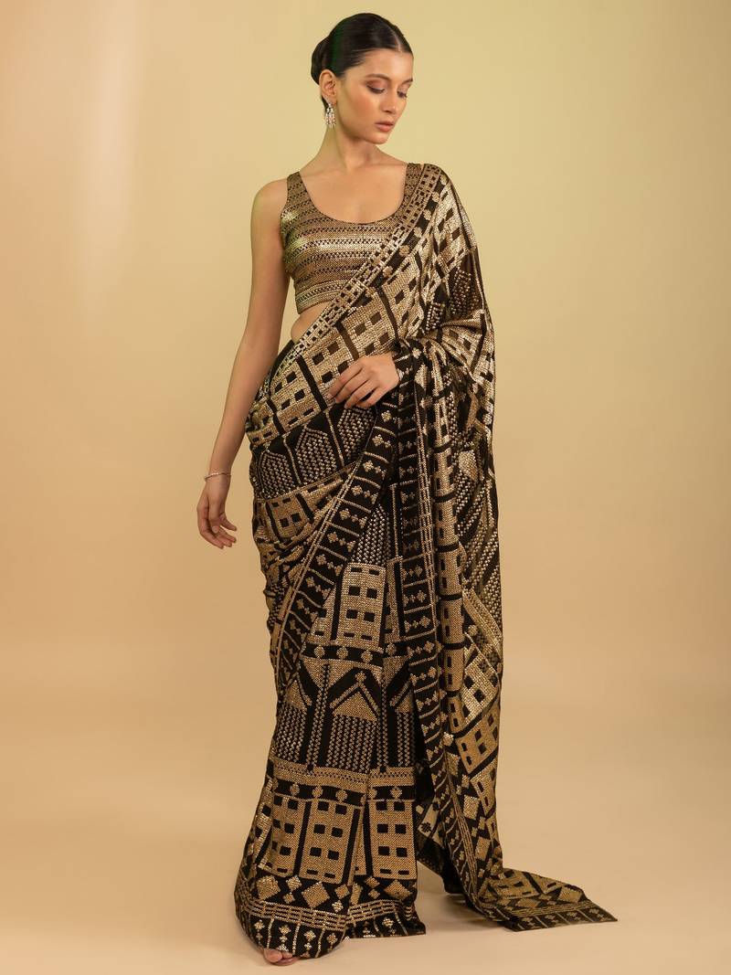 Stunning Black Sequins Georgette Festival Wear Saree With Blouse