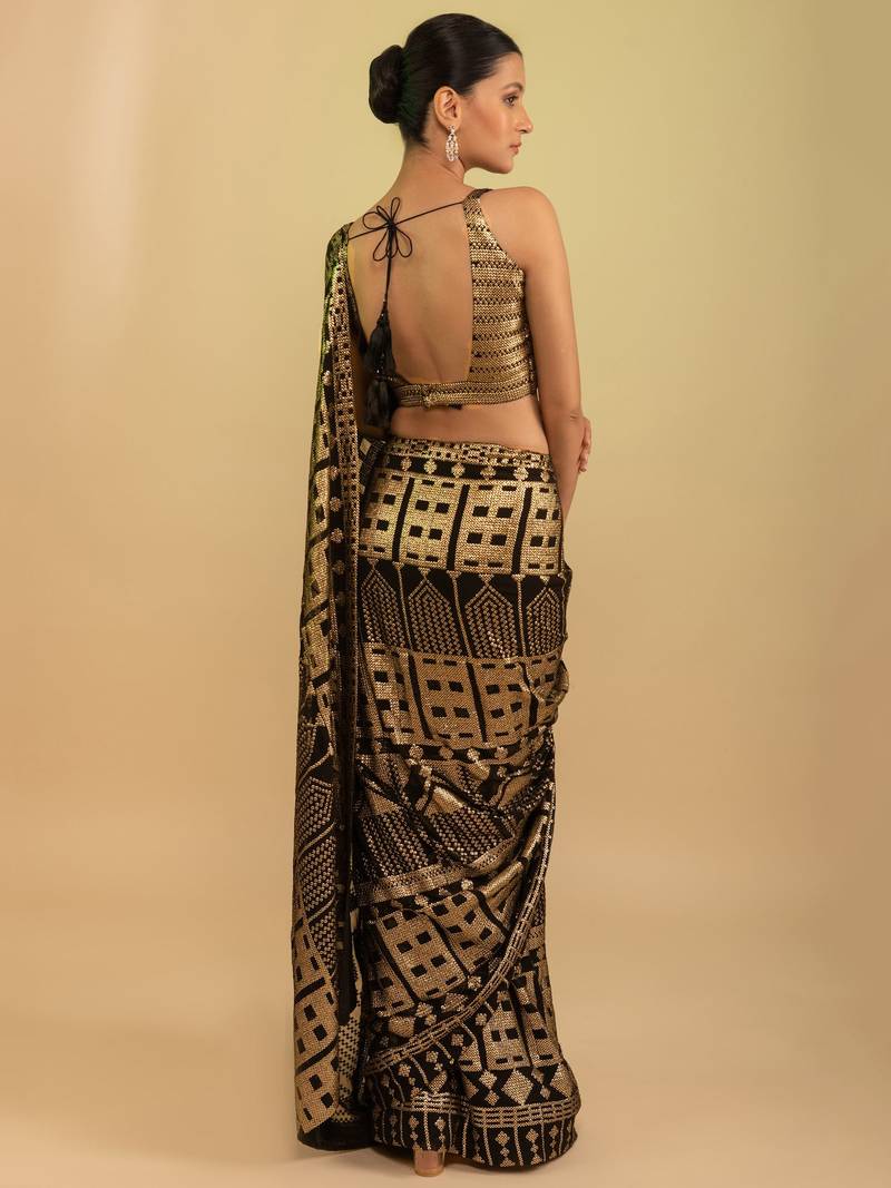 Stunning Black Sequins Georgette Festival Wear Saree With Blouse