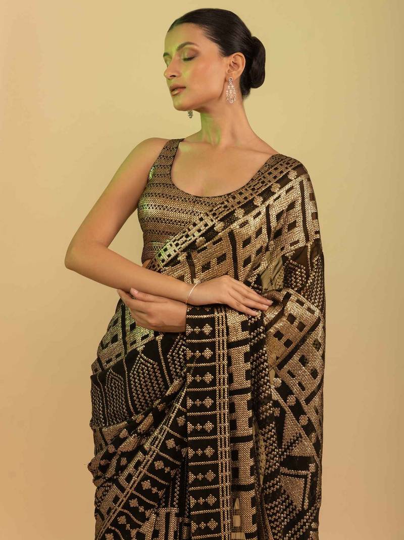 Stunning Black Sequins Georgette Festival Wear Saree With Blouse