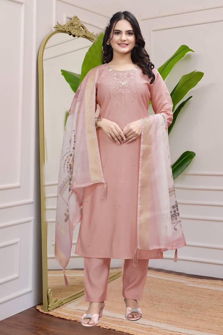 Peach Colour Premium Roman Silk Hand Work A Line Kurta Set
