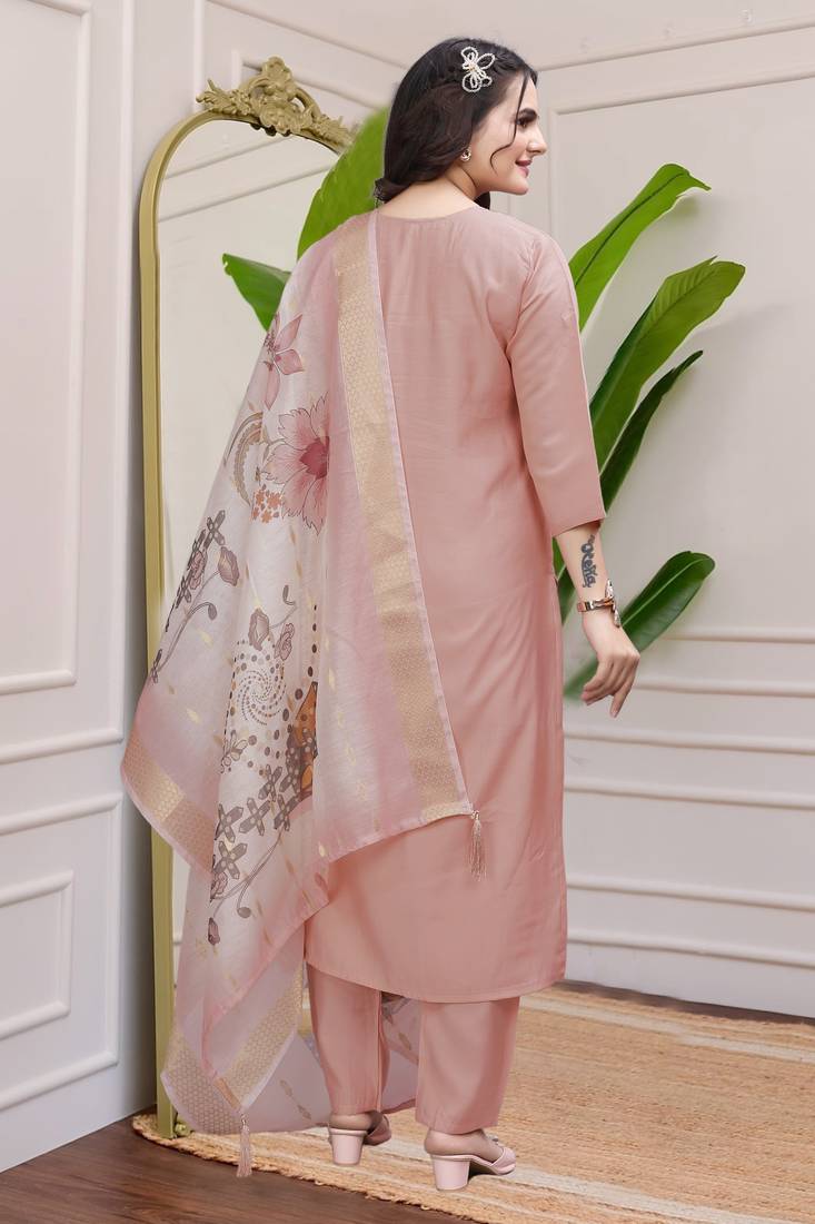 Peach Colour Premium Roman Silk Hand Work A Line Kurta Set