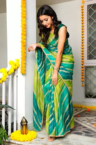 Charming Green Leheriya Gotta Patti Kota Art Silk Wear Saree