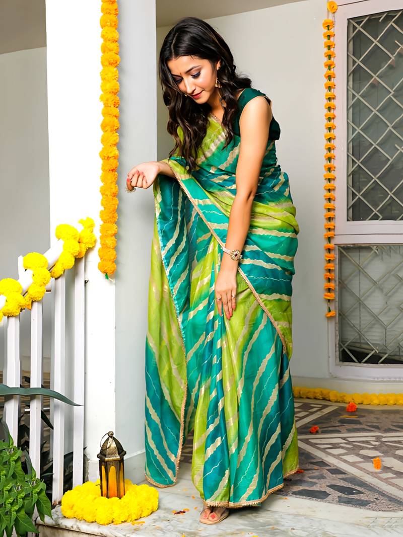 Charming Green Leheriya Gotta Patti Kota Art Silk Wear Saree