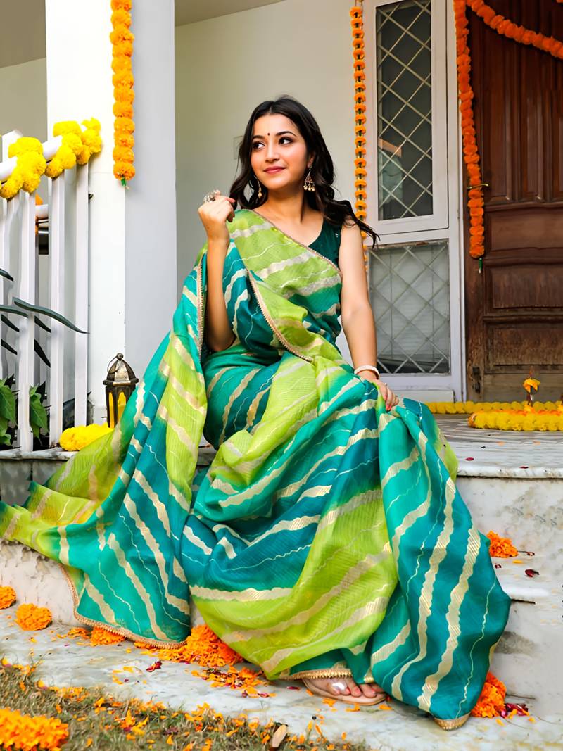 Charming Green Leheriya Gotta Patti Kota Art Silk Wear Saree