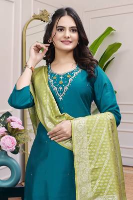 Teal Blue Colour Premium Roman Silk Hand Work A Line Kurta Set 2