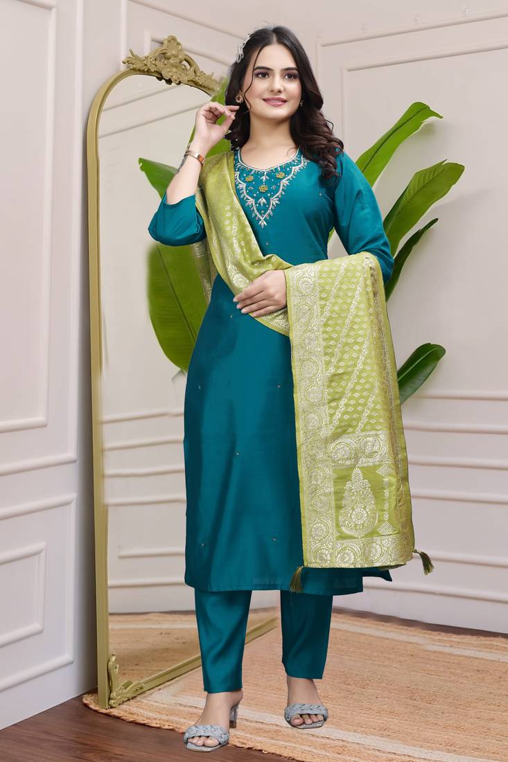 Teal Blue Colour Premium Roman Silk Hand Work A Line Kurta Set