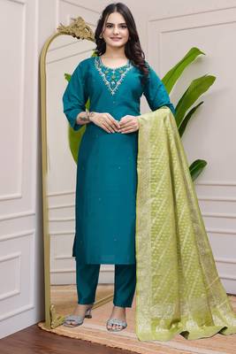 Teal Blue Colour Premium Roman Silk Hand Work A Line Kurta Set 1