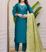 Teal Blue Colour Premium Roman Silk Hand Work A Line Kurta Set