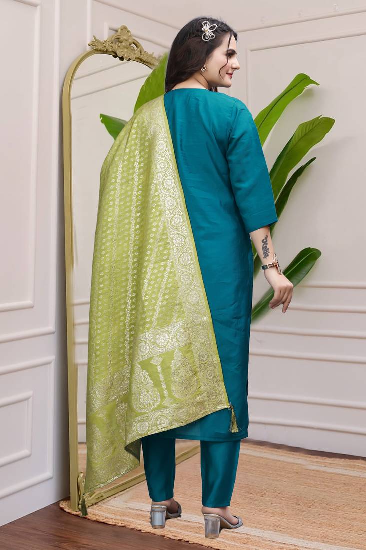 Teal Blue Colour Premium Roman Silk Hand Work A Line Kurta Set