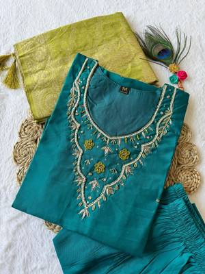 Teal Blue Colour Premium Roman Silk Hand Work A Line Kurta Set 5