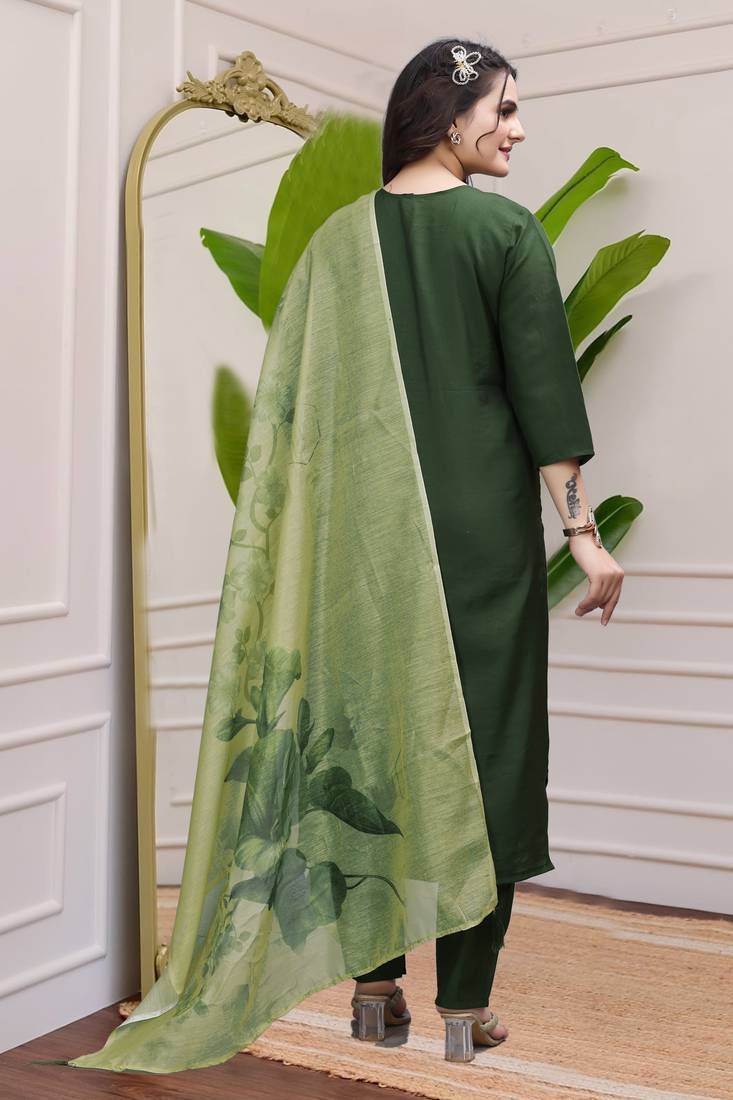 Mehndi Colour Premium Roman Silk Hand Work A-Line kurta set