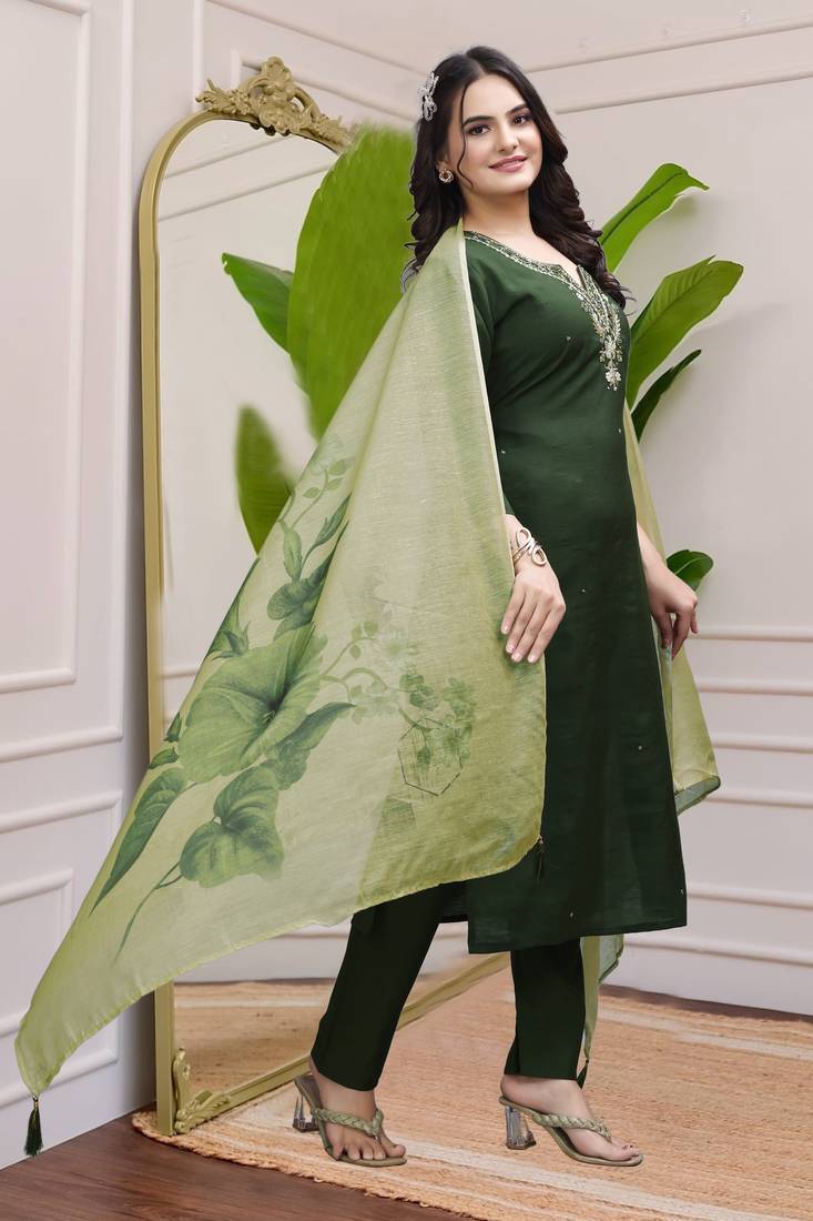 Mehndi Colour Premium Roman Silk Hand Work A-Line kurta set