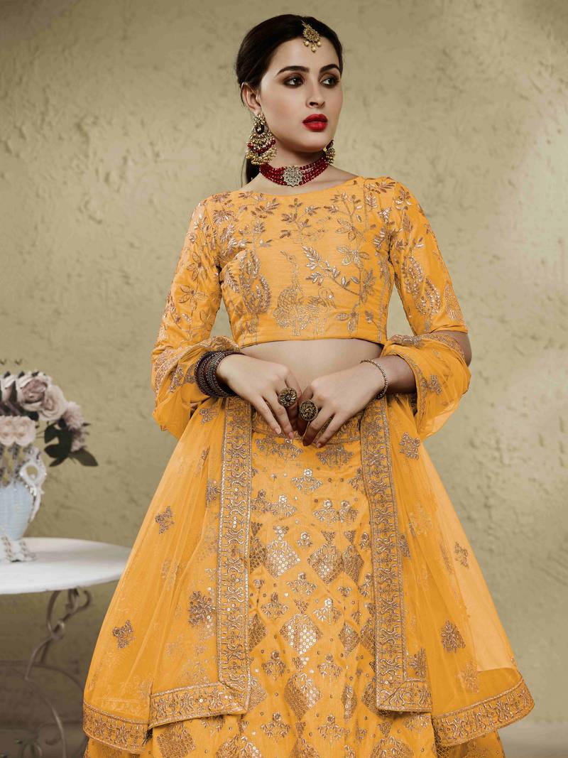 Styling Yellow Embroidered Silk Bridal Lehenga Choli With Dupatta