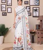 Ready To Wear White Kota Doriya Saree Embroidery Cut Work Scallop Border Saree With Blouse