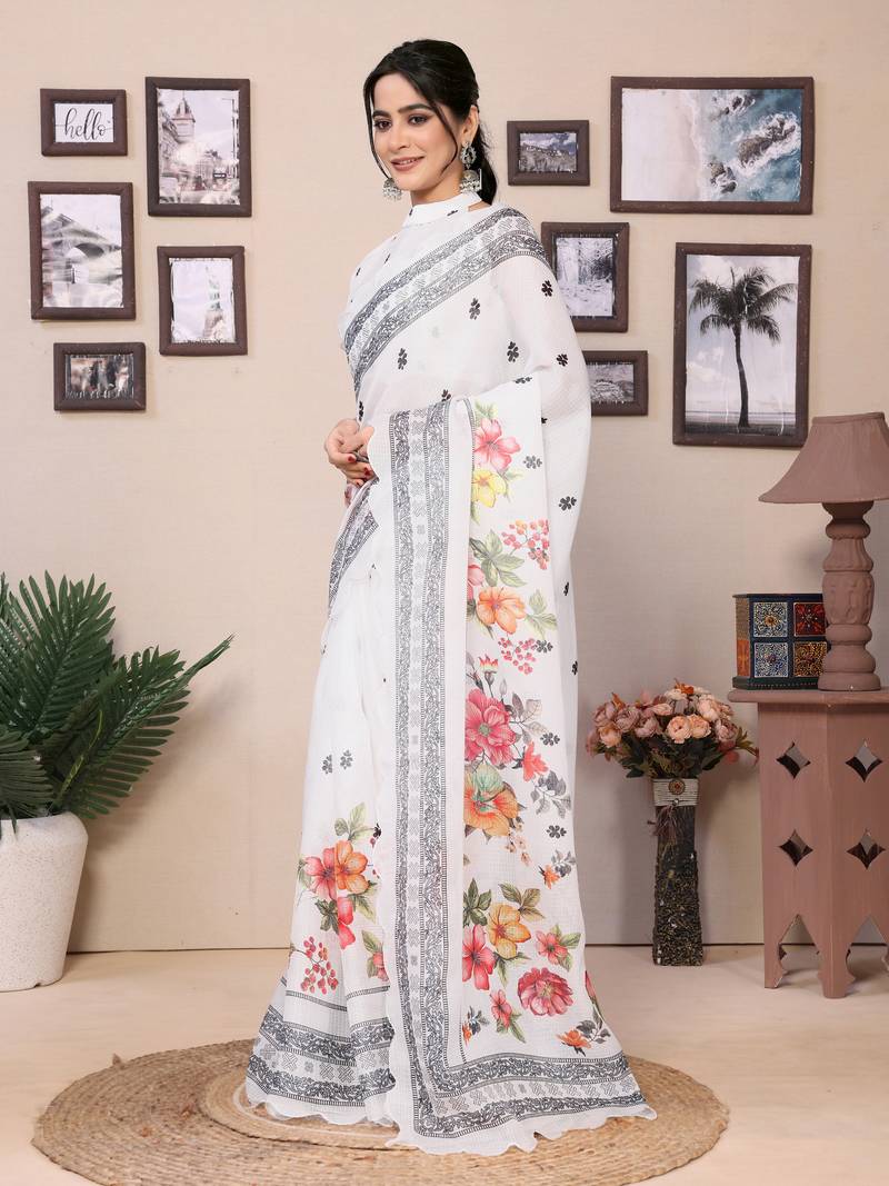 Ready To Wear White Kota Doriya Saree Embroidery Cut Work Scallop Border Saree With Blouse