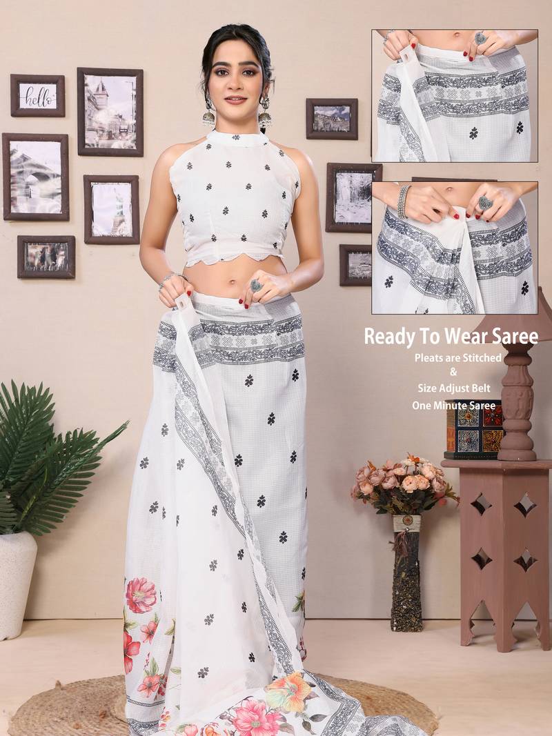 Ready To Wear White Kota Doriya Saree Embroidery Cut Work Scallop Border Saree With Blouse