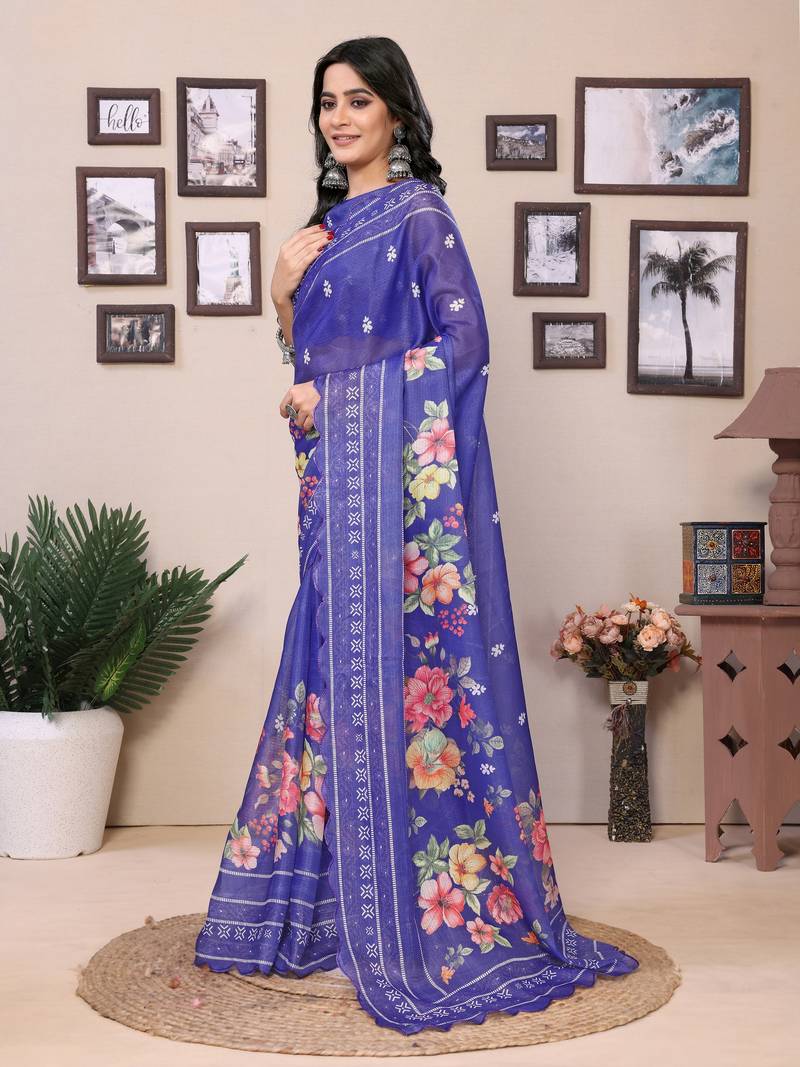 Ready To Wear Blue Kota Doriya Saree Embroidery Cut Work Scallop Border Saree With Blouse