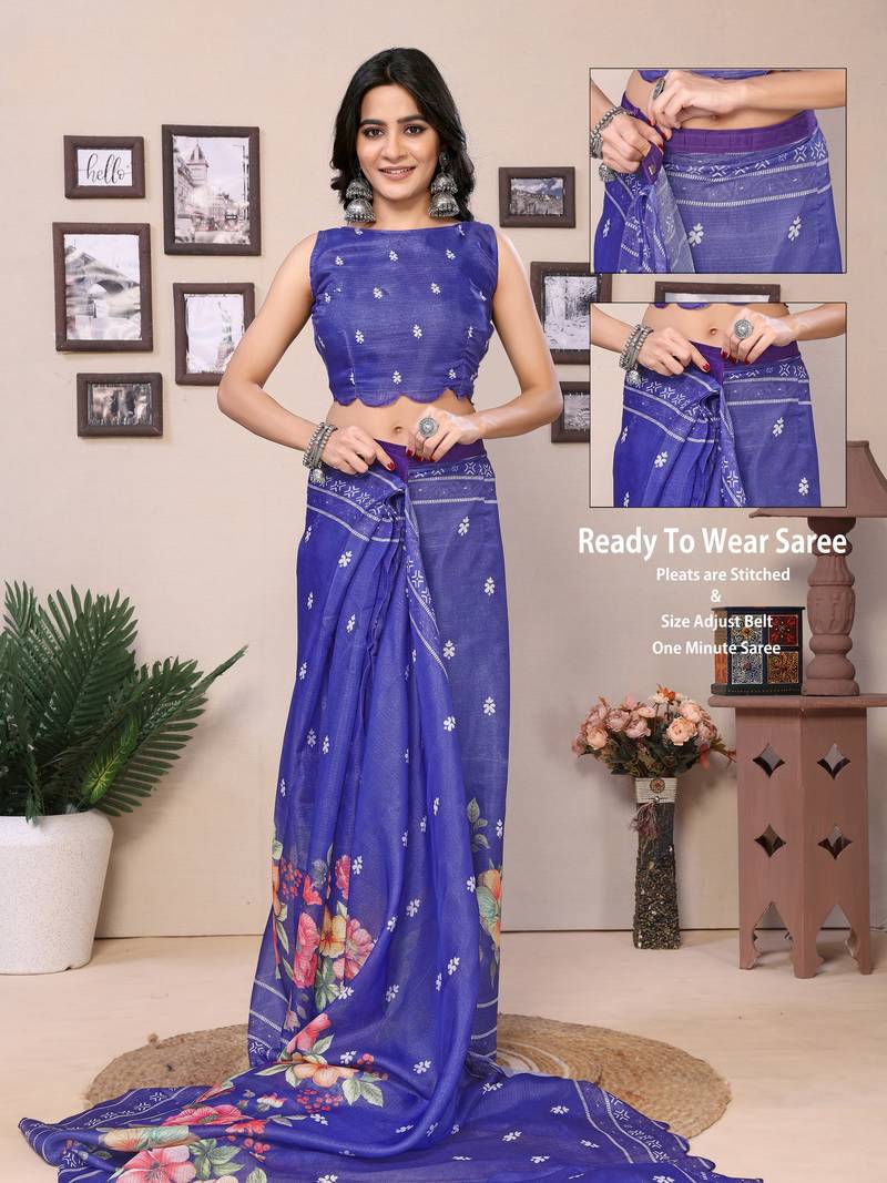 Ready To Wear Blue Kota Doriya Saree Embroidery Cut Work Scallop Border Saree With Blouse