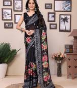 Ready To Wear Black Kota Doriya Saree Embroidery Cut Work Scallop Border Saree With Blouse