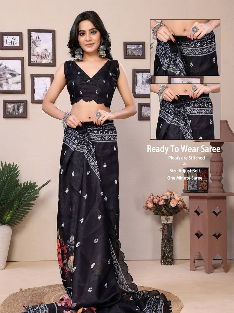 Ready To Wear Black Kota Doriya Saree Embroidery Cut Work Scallop Border Saree With Blouse