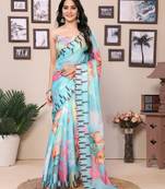 Light Teal Blue Saree with Floral Printed & Black Thread Border