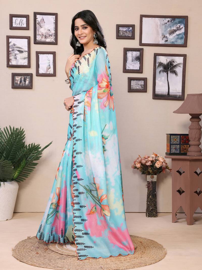 Light Teal Blue Saree with Floral Printed & Black Thread Border