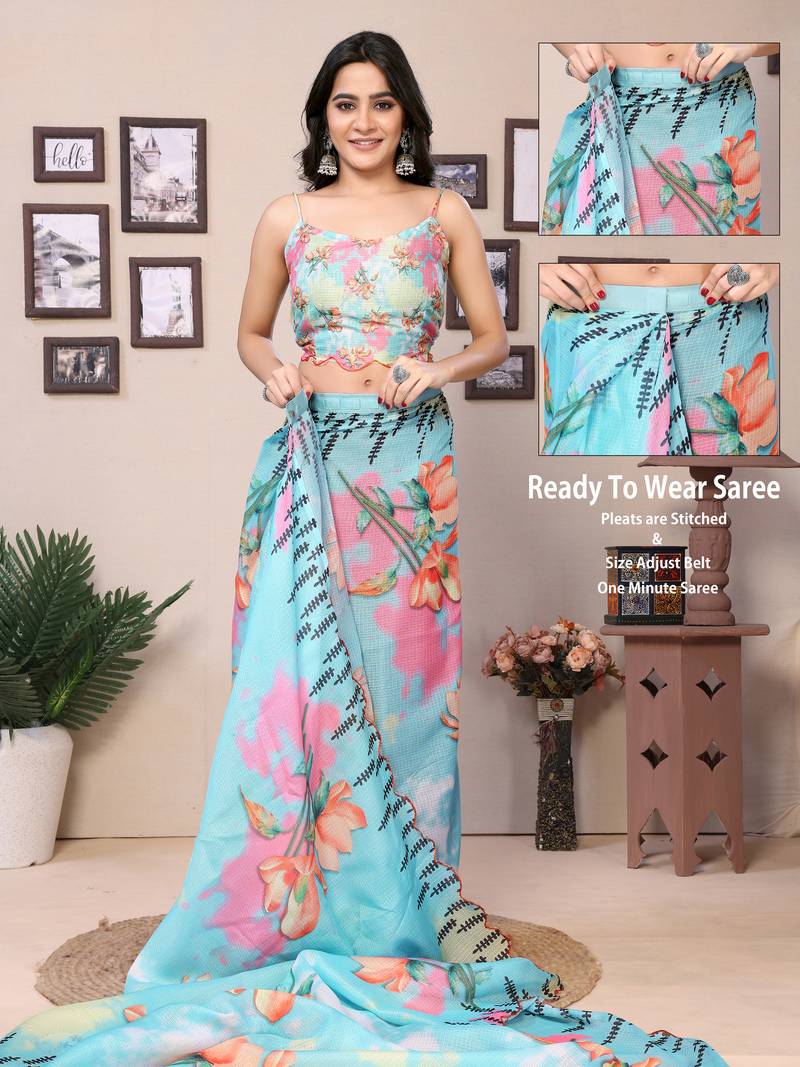 Light Teal Blue Saree with Floral Printed & Black Thread Border