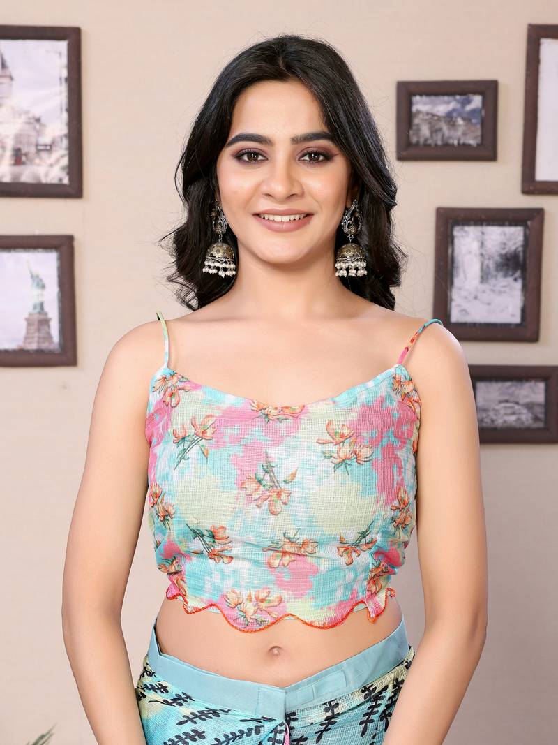 Light Teal Blue Saree with Floral Printed & Black Thread Border