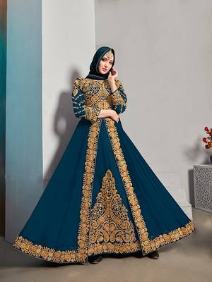 Georgette embroidered pakistani anarkali suits in teal color 1