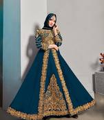 Designer real georgette with embroidered pakistani anarkali suits in teal color