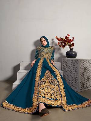 Georgette embroidered pakistani anarkali suits in teal color 2