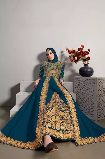 Georgette embroidered pakistani anarkali suits in teal color