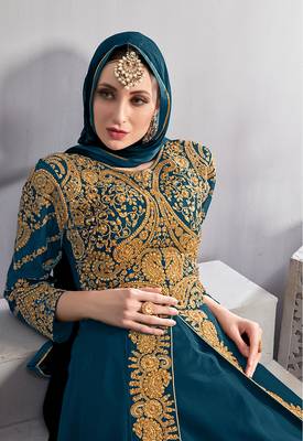 Georgette embroidered pakistani anarkali suits in teal color 3