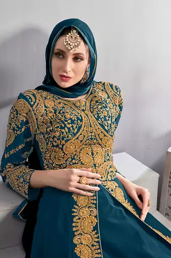 Georgette embroidered pakistani anarkali suits in teal color
