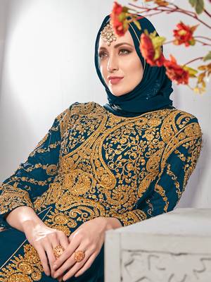 Georgette embroidered pakistani anarkali suits in teal color 4