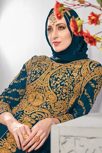 Georgette embroidered pakistani anarkali suits in teal color