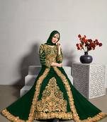 Designer real georgette with embroidered pakistani anarkali suits in dark green color