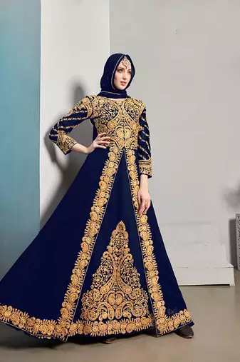 Designer real georgette with embroidered pakistani anarkali suits in navy blue color