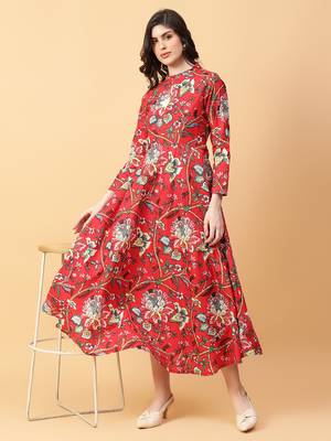 red cotton printed & hand work dress 1