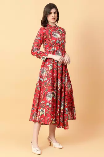 red cotton printed & hand work dress