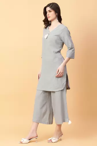 grey cotton khatha & hand work co-ord set (set of 2)